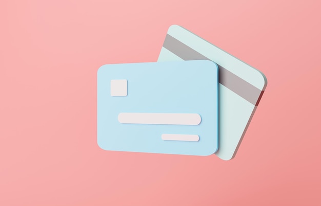 Cartão de crédito azul mínimo em fundo rosa pastel conceito de finanças de negócios estilo cartoon cartão de crédito pagamento mínimo e conceito bancário transação de finanças bancárias pagamento online renderização em 3d