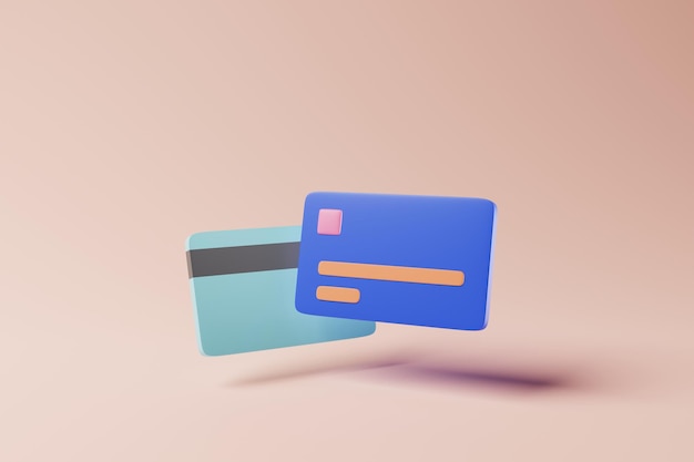 Cartão de crédito azul na frente e no verso em fundo laranja Conceito de pagamento sem dinheiro 3d renderização