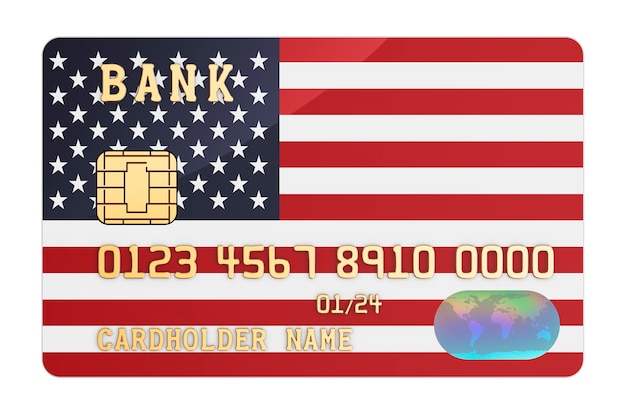 Cartão de crédito bancário com a bandeira dos Estados Unidos Sistema bancário nacional na renderização 3D do conceito dos EUA