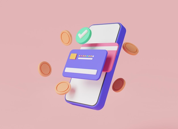 Cartão de crédito com moeda de dinheiro no pagamento móvel on-line Transação on-line mobile banking economizando dinheiro compras on-line transferência de dinheiro pagamento em dinheiro conceito de pagamento móvel 3d render ilustração