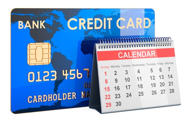 Cartão de crédito com renderização 3D de calendário de mesa
