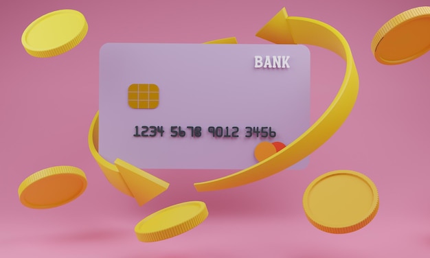 Cartão de crédito com setas cercadas por moedasAplicativo móvel de comprasmoedas de setas de ouroCashback e bankingeconomia de dinheiroMock up espaço de cópia de tela vaziaIsole o fundoIlustração de renderização em 3D