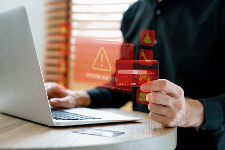 Foto cartão de crédito de clientes inteligentes hackeado consumidor tentando corrigir problema cybercash