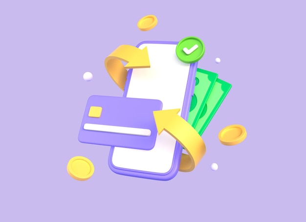 Cartão de crédito de telefone móvel 3D e moedas de ouro em estilo de desenho animado cashback e dinheiro de volta o conceito de poupança em compras on-line ilustração isolada em fundo roxo renderização 3D