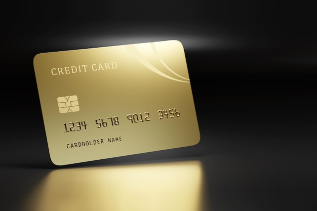 Foto cartão de crédito dourado com espaço de cópia na ilustração 3d de fundo escuro