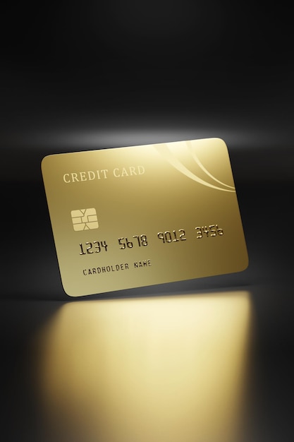 Foto cartão de crédito dourado com ilustração 3d de fundo escuro
