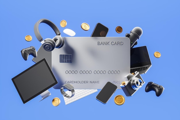Cartão de crédito e diferentes dispositivos eletrônicos com tecnologia de queda de moedas de ouro