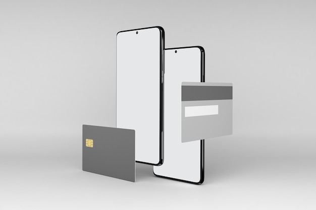 Cartão de crédito e telefones do lado direito em fundo branco