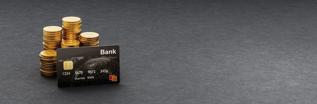 Cartão de crédito ou débito à frente de pilhas de moedas em fundo escuro