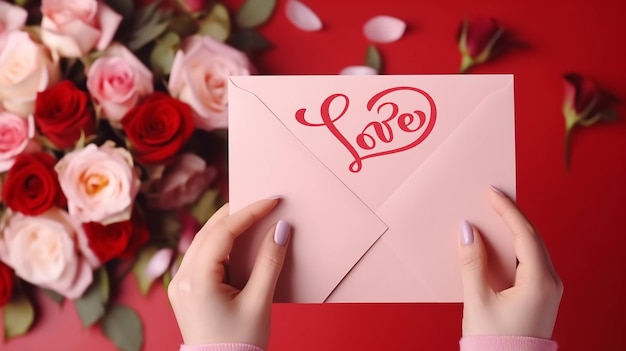 Cartão de cumprimentos do dia dos namorados em envelope de mão de mulher para rosas de cartão de cumprimentos do dia dos namorados