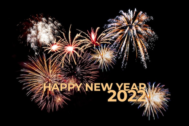 Cartão de cumprimentos do feriado de ano novo de 2022 com fogos de artifício e texto