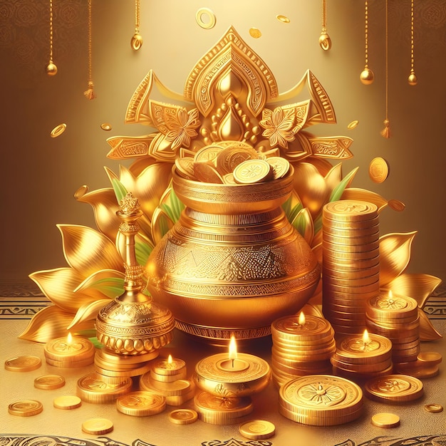Foto cartão de desejos de akshaya tritiya em estilo dourado com moedas de ouro e um recipiente de ouro
