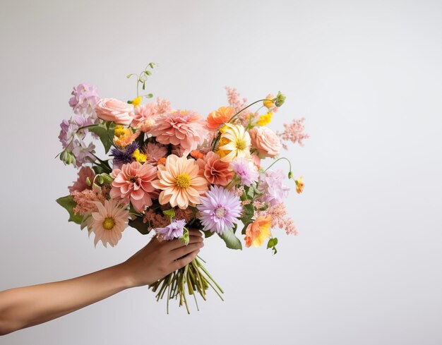 Cartão de dia da mãe dia internacional da mulher bouquet de flores na mão entrega de flores primavera de verão