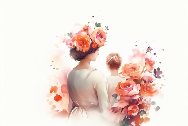 Cartão de dia das mães com família e flores Ilustração vetorial generativa ai