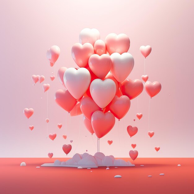 cartão de dia dos namorados 3d ilustração com balões de coração no estilo de atey ghailan rosa claro