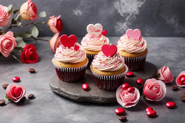 Cartão de dia dos namorados com biscoitos em forma de coração, flores rosas e caixa de presente Flat lay