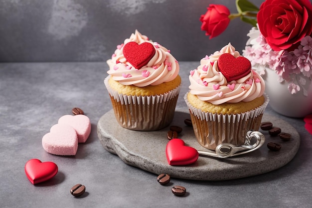 Cartão de dia dos namorados com deliciosos cupcakes doces e xícara de café em fundo de pedra Vista superior