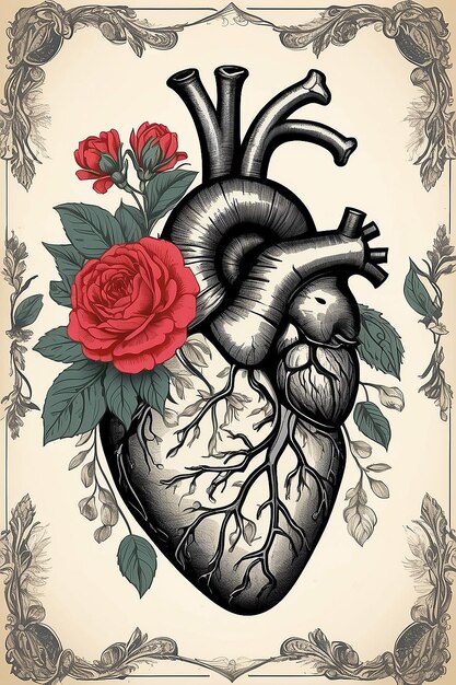 Cartão de Dia dos Namorados Ilustração vintage floral Ilustração vetorial anatômica do coração