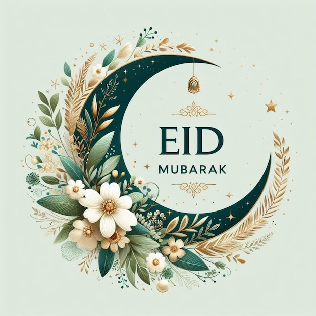 Cartão de Eid Mubarak com crescente e decoração floral