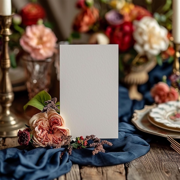 Cartão de espaço em branco branco maquete para modelo de convite de casamento com número de mesa de saudação na mesa de casamento