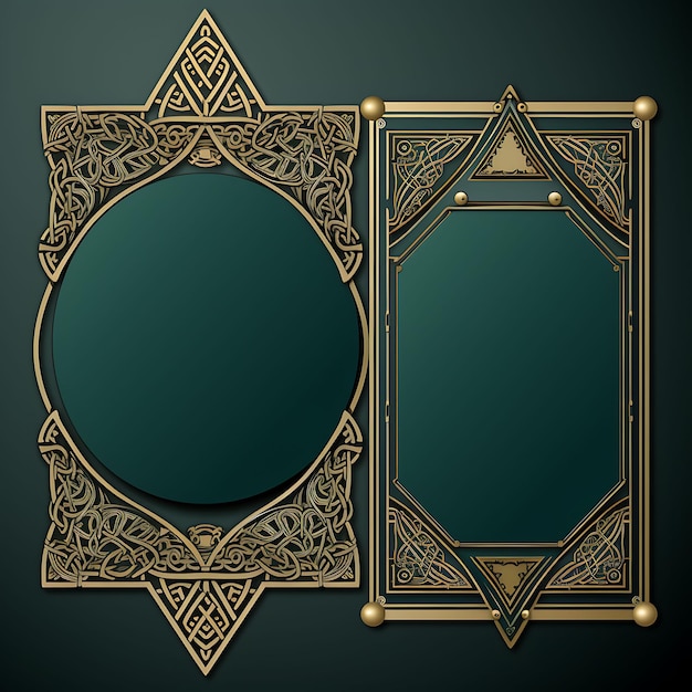 Cartão de etiqueta com padrão celta em forma de triângulo, cor verde esmeralda, design 2D, criativo, antigo e tradicional