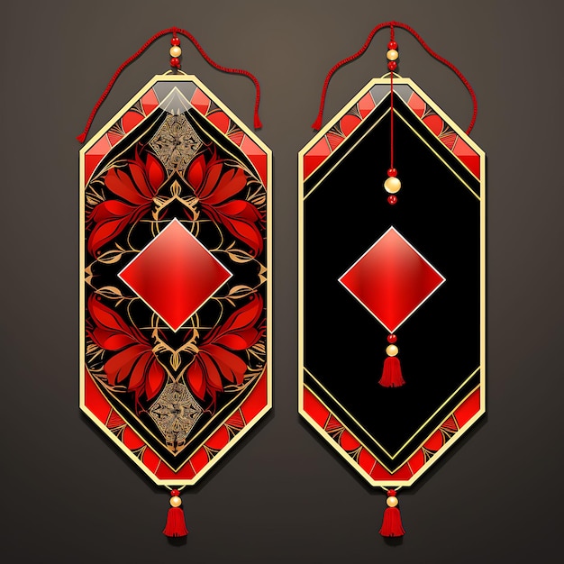 Cartão de etiqueta com padrão chinês em forma de diamante vibrante vermelho e dourado design 2D criativo antigo tradicional