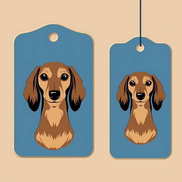 Foto cartão de etiqueta de cachorro dachshund marrom papel kraft retrato de cachorro azul c 2d vetor design cartão de coleção plano