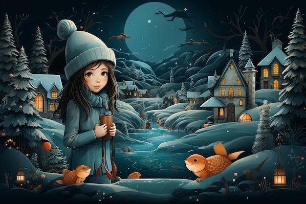 Cartão de fantasia de Natal com uma menina contra a paisagem de casas da aldeia Cartão postal festivo