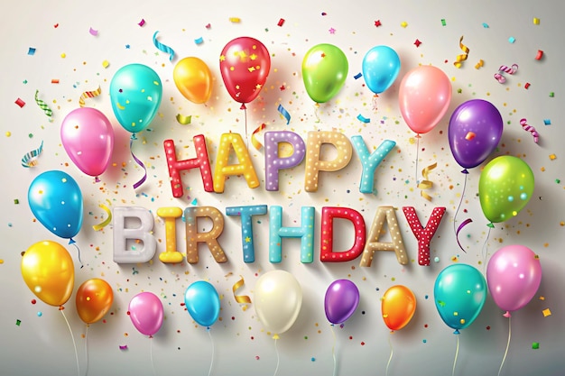 Cartão de felicitações de aniversário com balões e confete