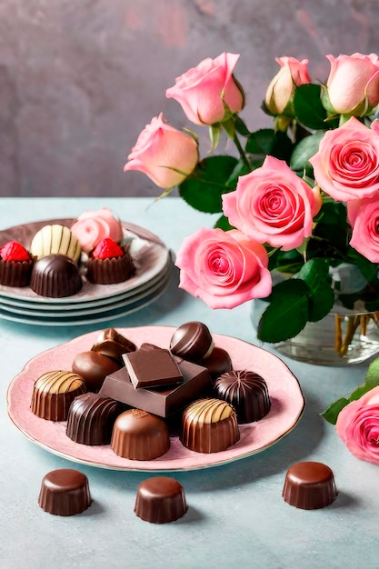 Cartão de felicitações de aniversário ou de dia dos namorados rosas rosas e chocolates em forma de coração