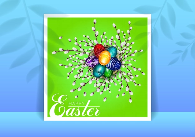 Cartão de felicitações ou banner com ovos de Páscoa no ninho Feliz páscoa Cartaz de felicitações