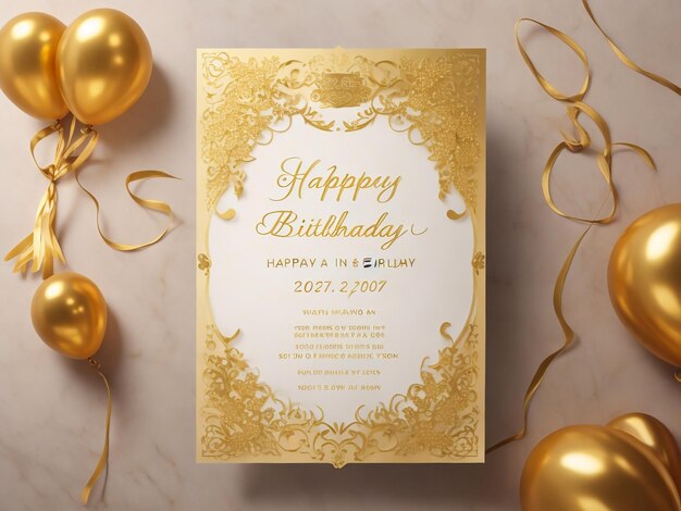 Foto cartão de feliz aniversário com design elegante de moldura dourada vintage