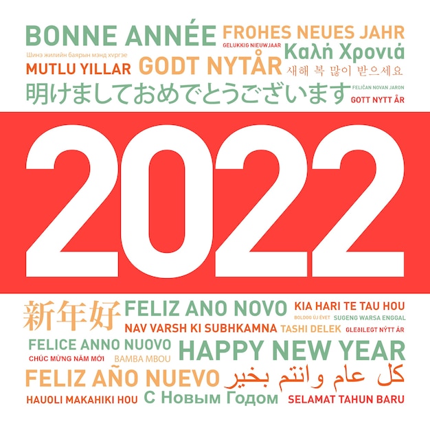Cartão de feliz ano novo 2022 do mundo em diferentes idiomas