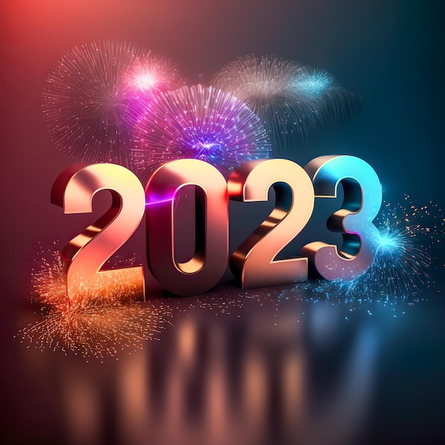 Cartão de feliz ano novo 2023 com fogos de artifício coloridos e queima espumante número 2023 linda renderização em 3d de férias