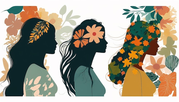 Cartão de feliz dia da mulher Mulheres de diferentes etnias flores e folhas tema de 8 de março