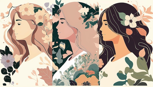 Cartão de feliz dia da mulher Mulheres de diferentes etnias flores e folhas tema de 8 de março