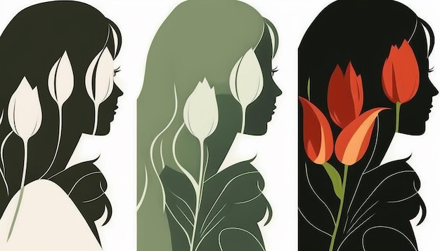 Cartão de feliz dia da mulher Mulheres de diferentes etnias flores e folhas tema de 8 de março