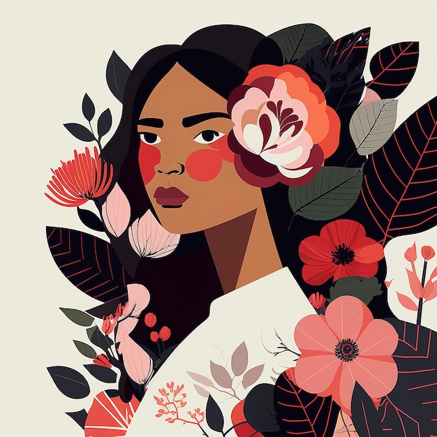 Cartão de feliz dia da mulher Mulheres de diferentes etnias flores e folhas tema de 8 de março
