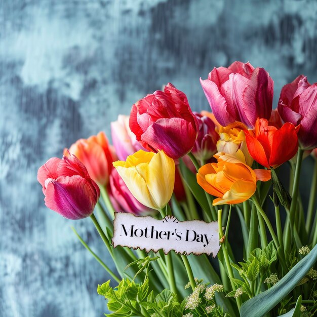 Cartão de feliz dia das mães com texto de feliz dia da mãe flores bonitas em fundo de cores vivas