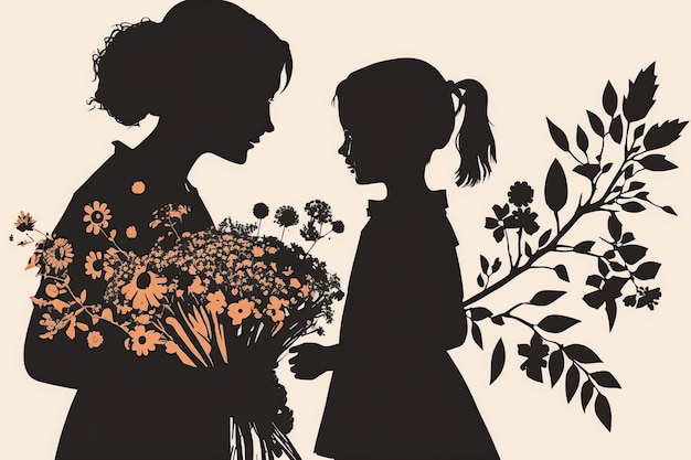Cartão de feliz dia das mães Linda silhueta de mãe com sua filha e flores Generative AI