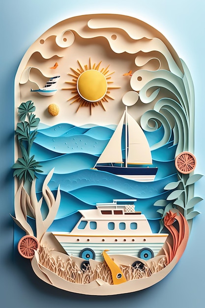 Cartão de férias de verão com barco de palmeiras e sol estilo Papercut Generative AI