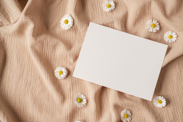 Cartão de folha de papel em branco com botões de flores de camomila de espaço de cópia de maquete e pano de musselina bege neutro Modelo de marca de negócios estético mínimo Vista superior plana