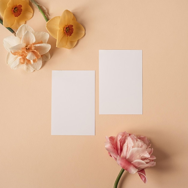 Cartão de folha de papel em branco com espaço de cópia de maquete e flores de narciso e rosa em fundo pêssego empoeirado neutro Modelo de marca de negócios estético mínimo Vista superior plana leiga