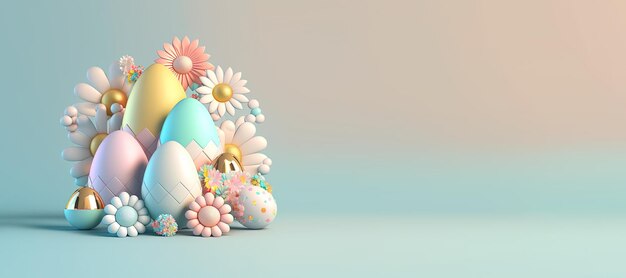 Cartão de fundo de Páscoa com ovos de renderização 3D e flores para promoção