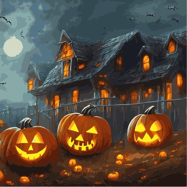 Cartão de Halloween assustador Abóboras brilhantes no fundo de um lugar assustador com uma casa de fantasia festa de Halloween com abóboras ilustração vetorial