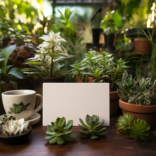 Foto cartão de identificação cartão de nome branco em uma mesa com uma planta ideia de conceito de negócios de configuração ecológica