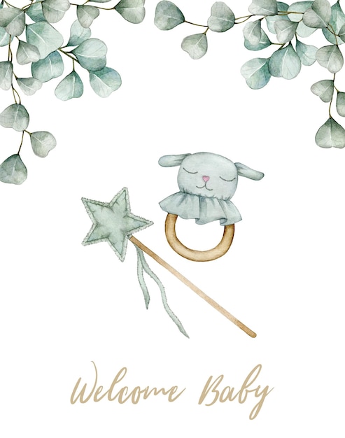 Cartão de ilustração de aquarela bem-vindo bebê com estrela de brinquedo e eucalipto Clipart desenhado à mão isolado