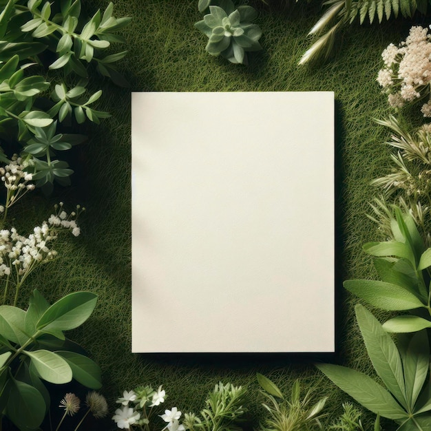 Foto cartão de maquete em branco em grama verde vista de cima ai generativa