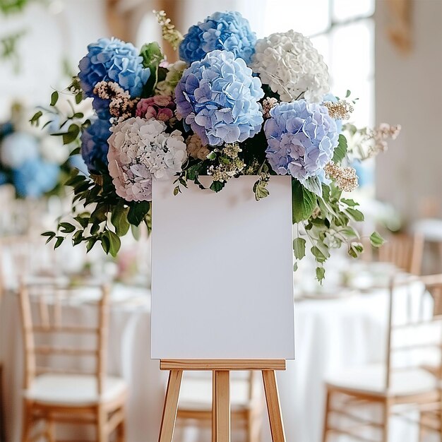 Cartão de mockup vertical de assinatura de boas-vindas em fundo floral hortênsia flores azuis