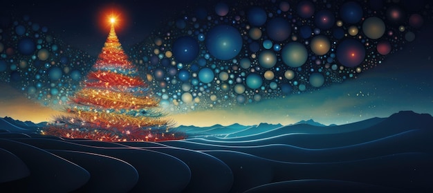 Cartão de Natal abstrato com uma grande árvore iluminada em um fundo escuro Generative AI